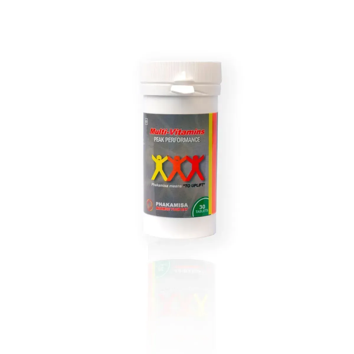 Angled view of Phakamisa Multi-Vitamins Peak Performance tablets, 30 tablets bottle