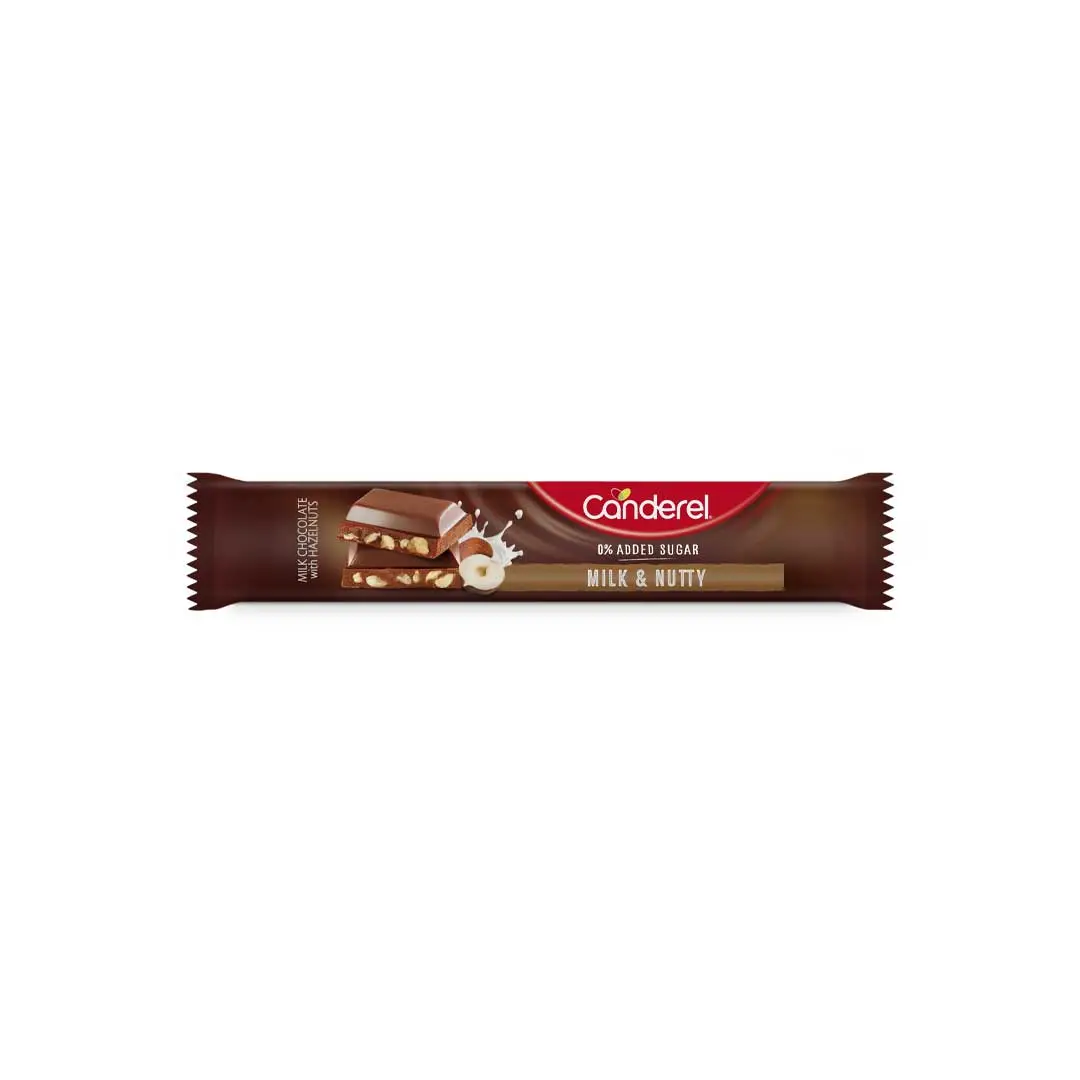 Front of Canderel Milk & Nutty Chocolate with Hazelnuts bar 27 g on white background