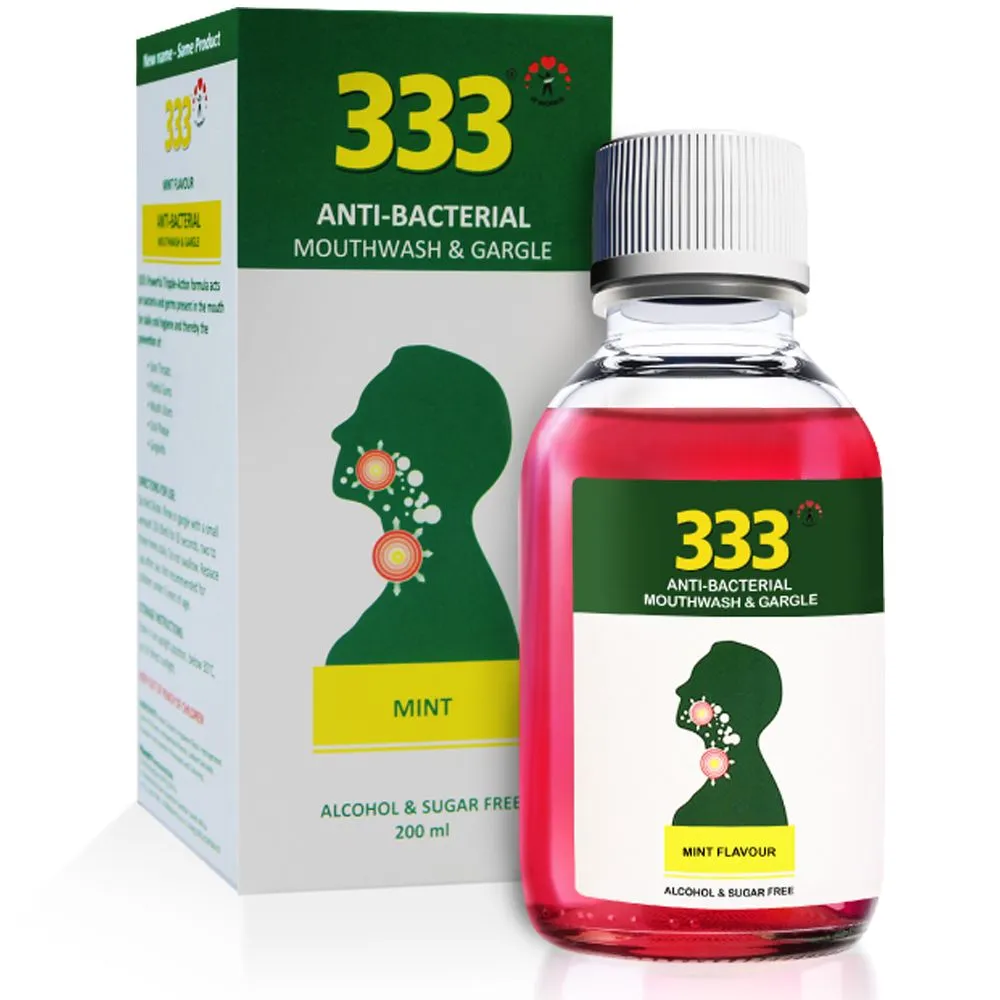 Front of 333 (3CP) Anti-Bacterial Mouthwash & Gargle Mint 200ml box and bottle