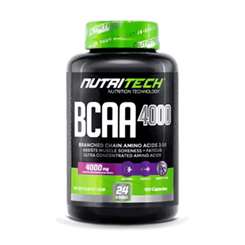Angled view of Nutritech BCAA 4000 bottle, 120 capsules