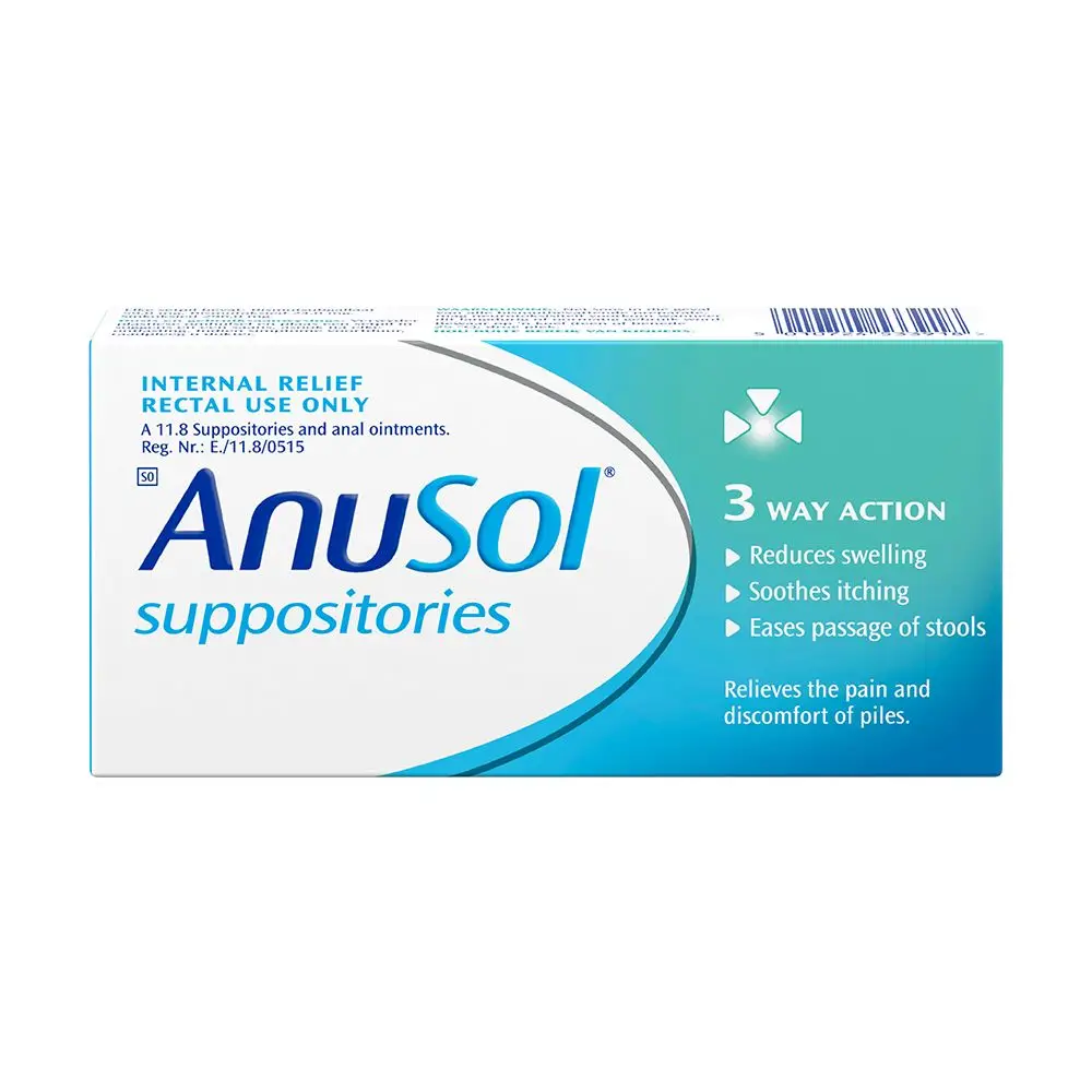 Front of Anusol Suppositories 12 pack box on white background