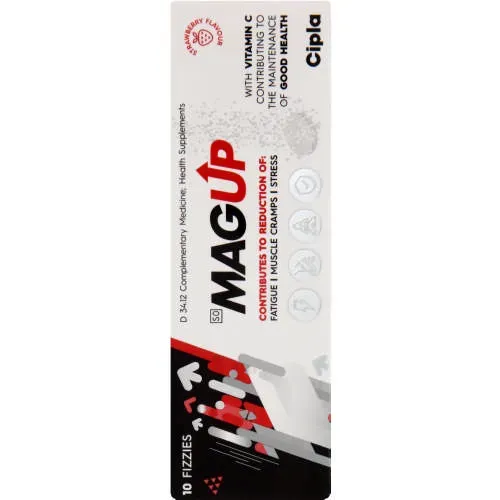 Front of Magup Effervescent Tablets 10 box, raspberry flavour, by Cipla