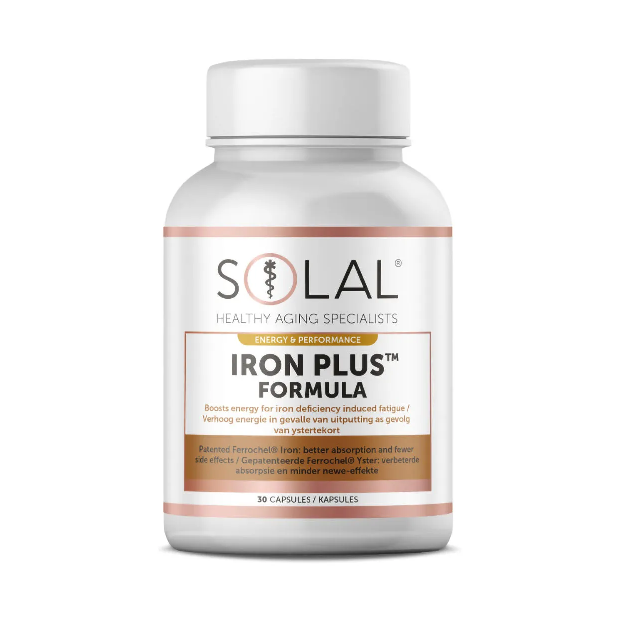 Front of Solal Iron Plus Formula 30 Capsules bottle