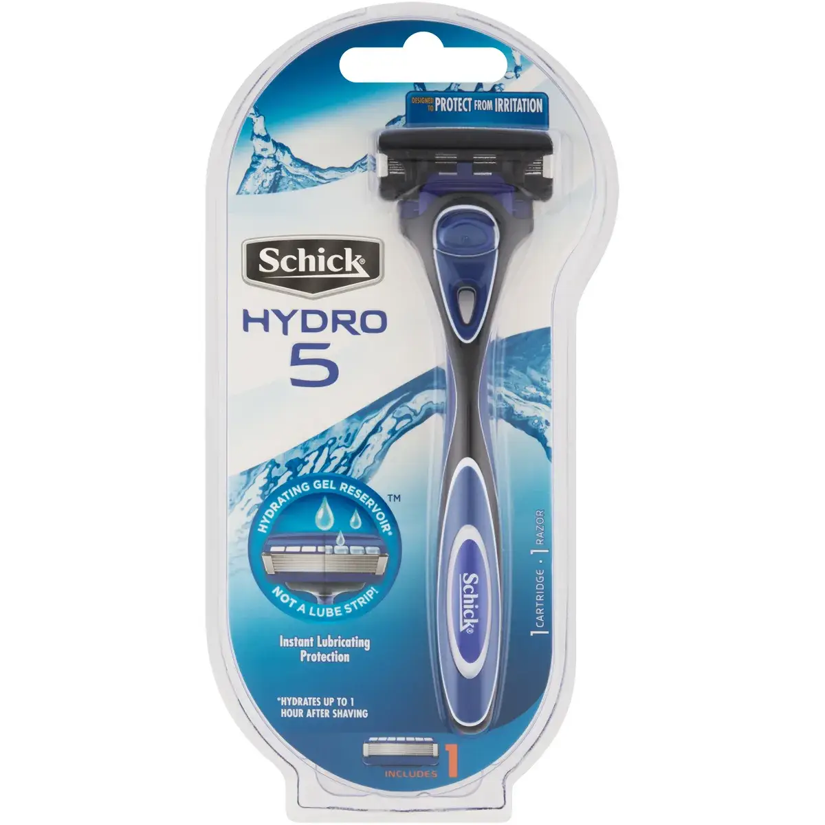 Front of Schick Hydro 5 razor blister pack with 1 razor and 1 cartridge