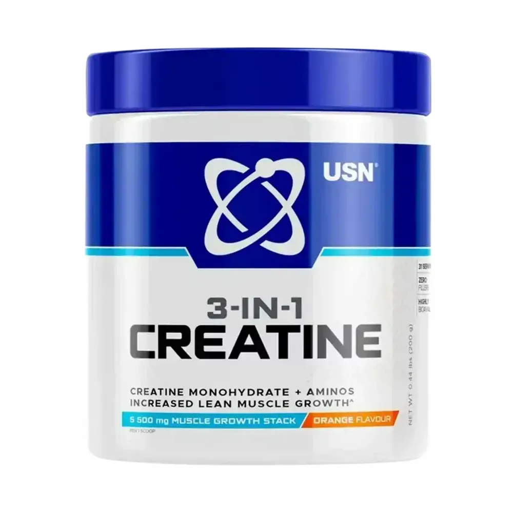 Front of USN 3-in-1 Creatine Orange Flavour 200g tub