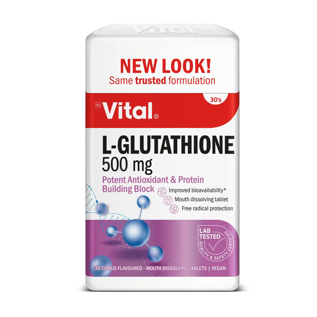 Front of Vital L-Glutathione 500mg mouth dissolving tablets, 30's, citrus flavoured, studio shot