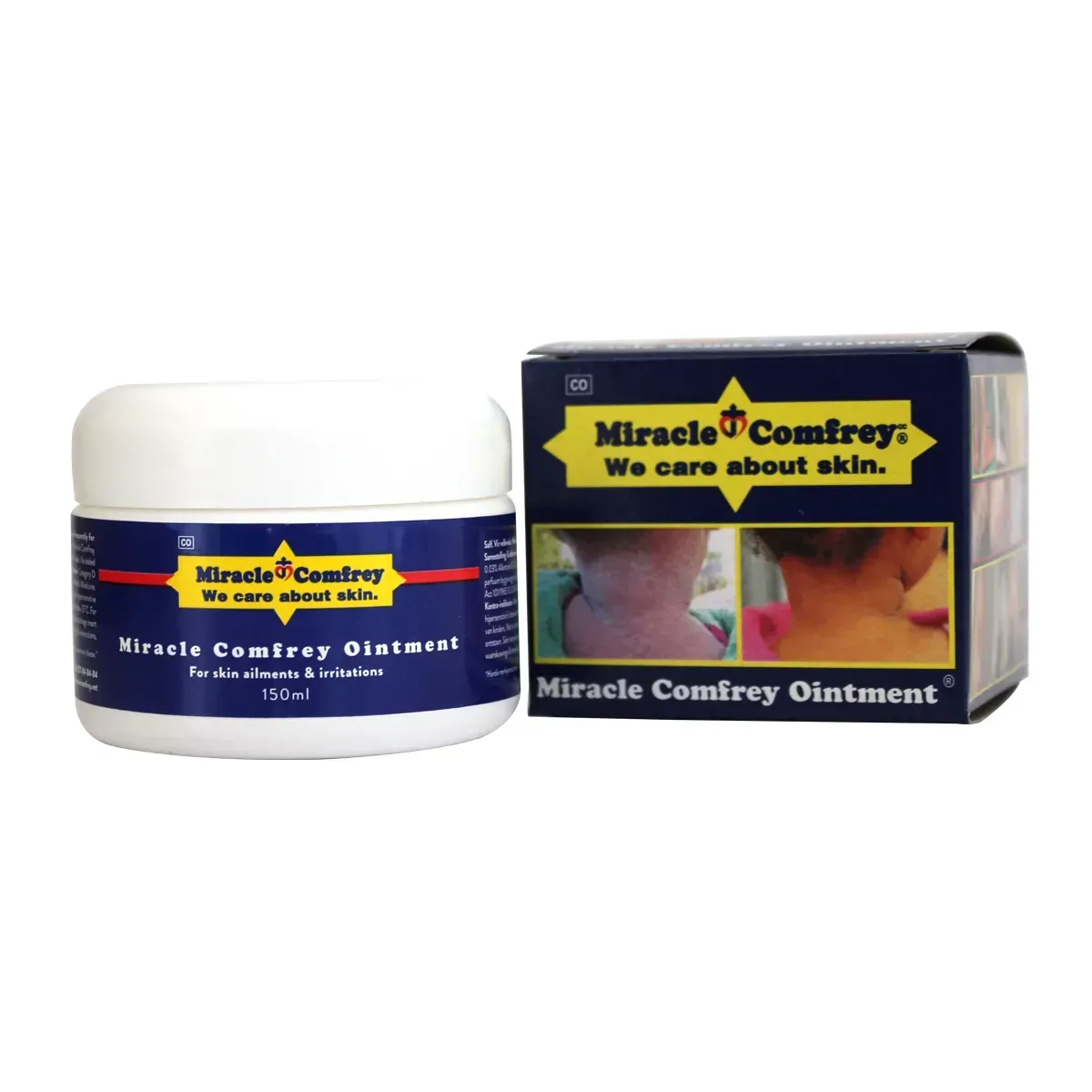 Front of Miracle Comfrey Ointment 150 ml jar and box
