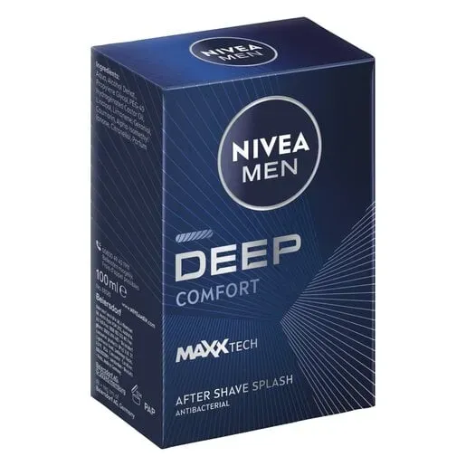 Angled front view of NIVEA MEN Deep Comfort After Shave Splash 100 ml box