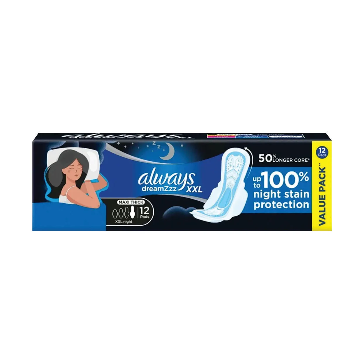 Front of Always DreamZzz XXL Maxi Thick Extra Long night sanitary pads, 12 pads pack
