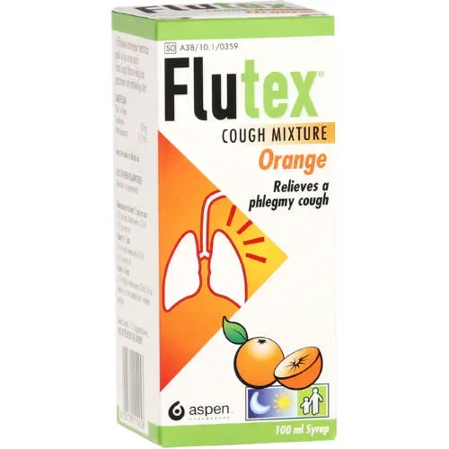 Front angled view of Flutex Cough Mixture Orange 100ml box