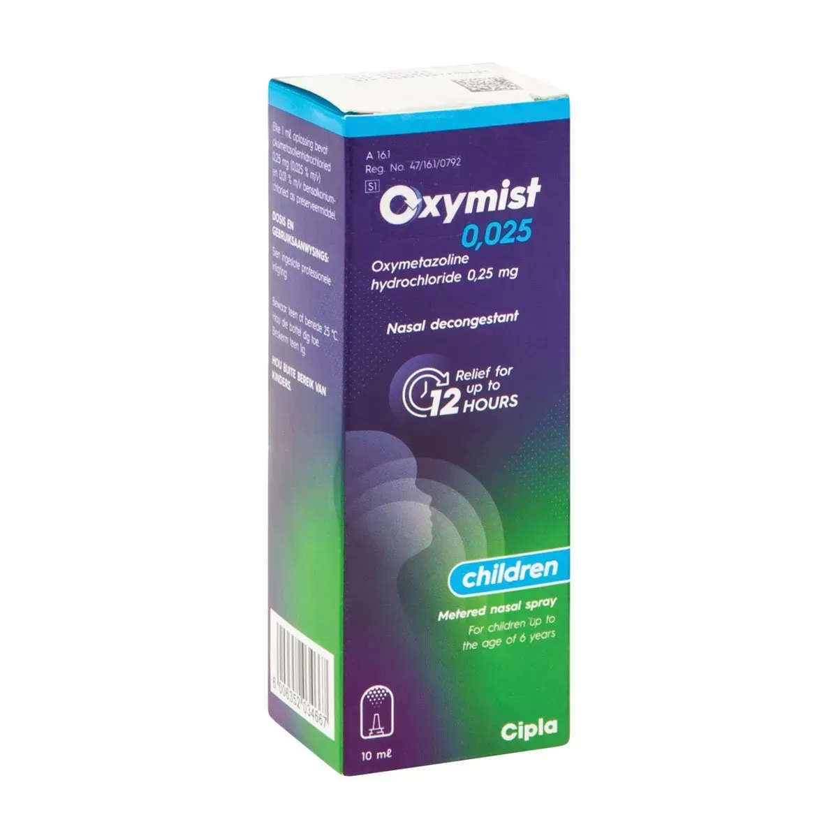 Angled view of Oxymist 0.025% Children's Nasal Spray 10 ml box by Cipla