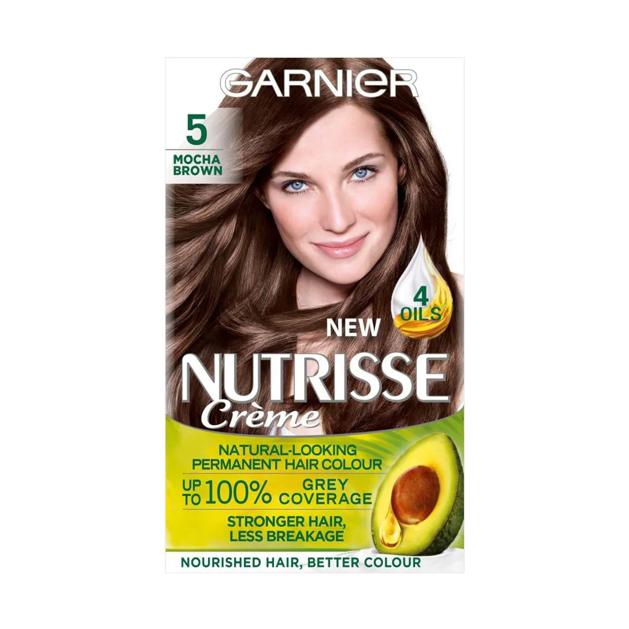 Front of Garnier Nutrisse Creme Permanent Nourishing Hair Colour 5 Mocha Brown box