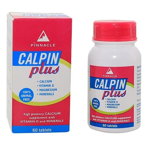 Front of Pinnacle Calpin Plus 60 Tablets box and bottle
