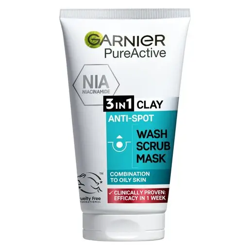 Front of Garnier PureActive 3in1 Clay Anti-Spot Wash Scrub Mask 150 ml tube