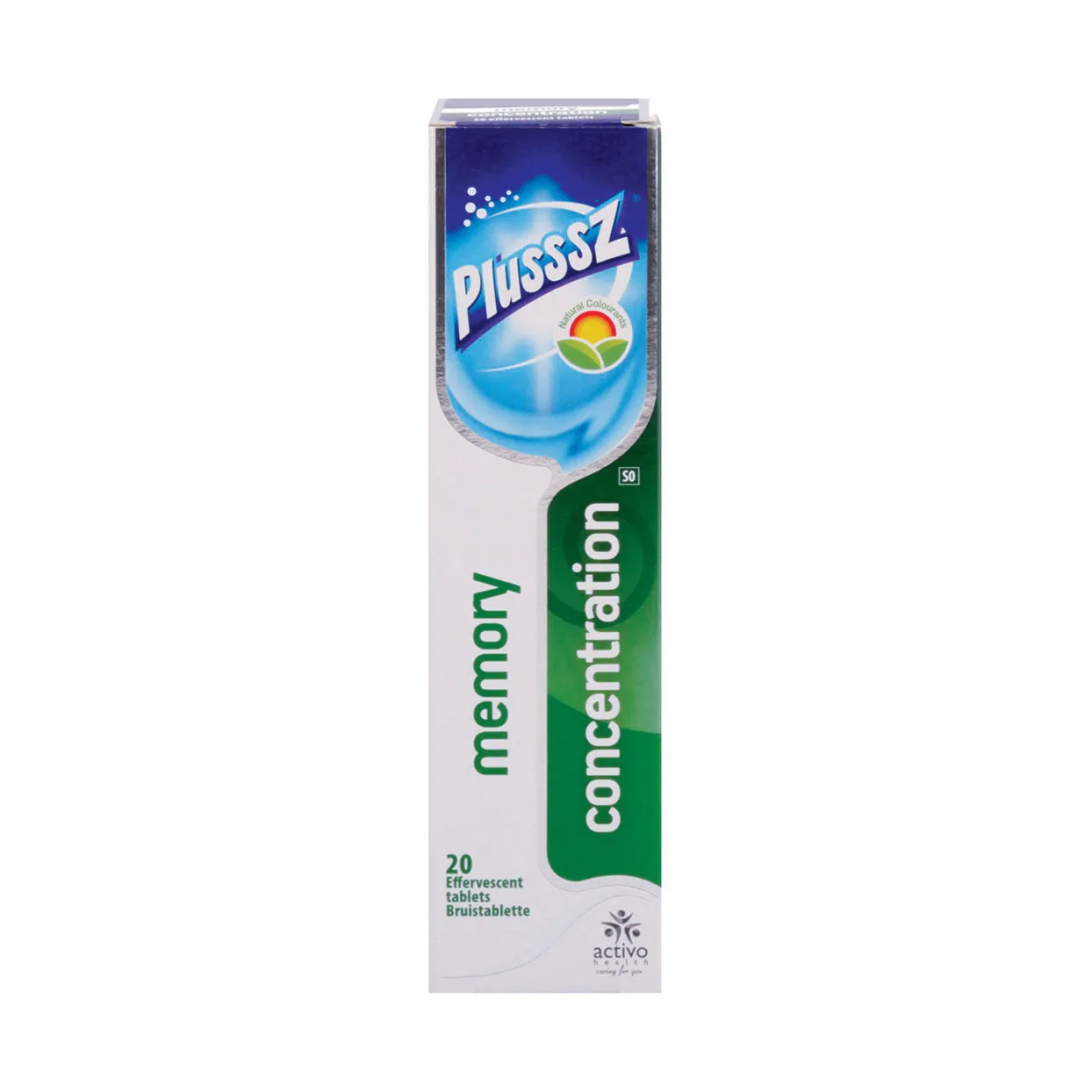 Front of Plusssz Memory Concentration 20 Effervescent Tablets box