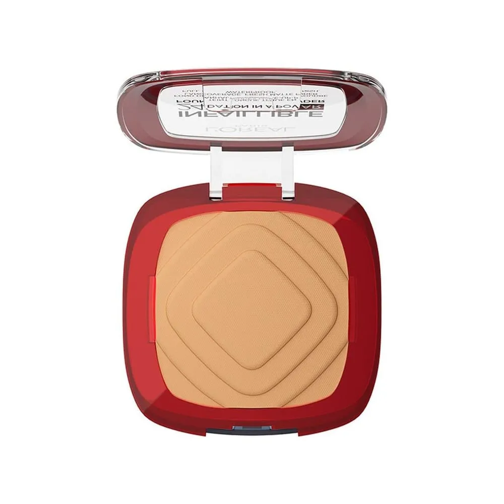 Open compact of L'Oréal Infallible 24H Fresh Wear Powder Foundation, shade 260 Golden Sun, showing pressed powder pan