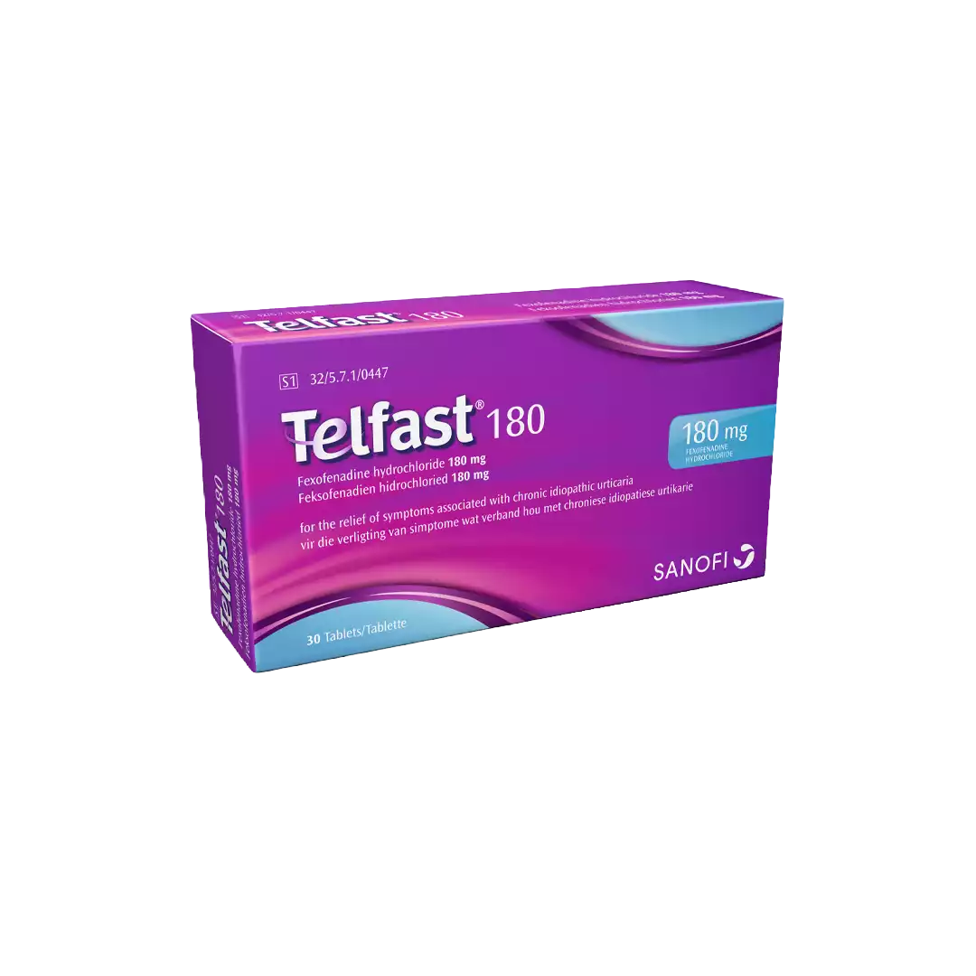 Front of Telfast 180mg fexofenadine hydrochloride tablets, 30's pack