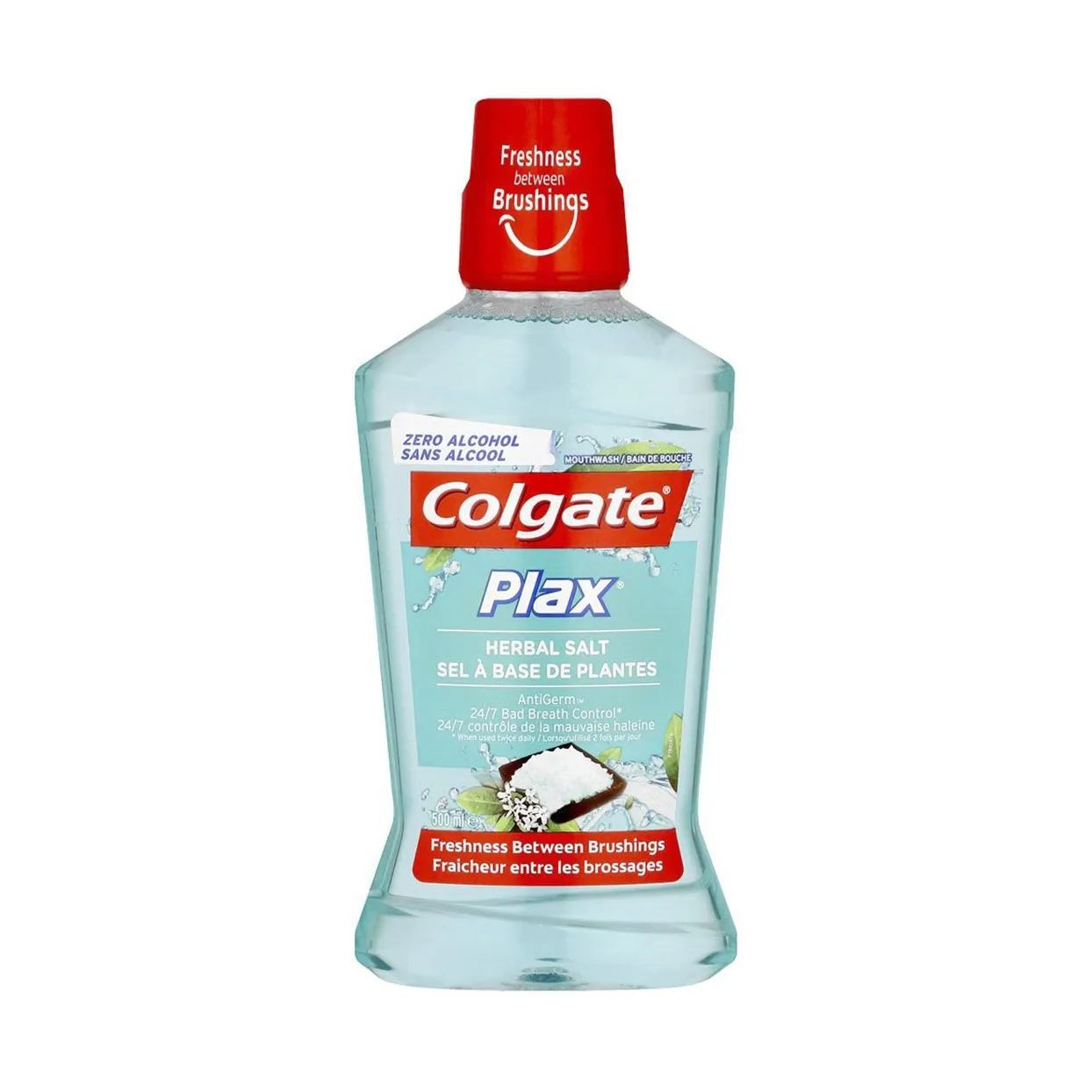 Front of Colgate Plax Herbal Salt Mouthwash 500ml bottle