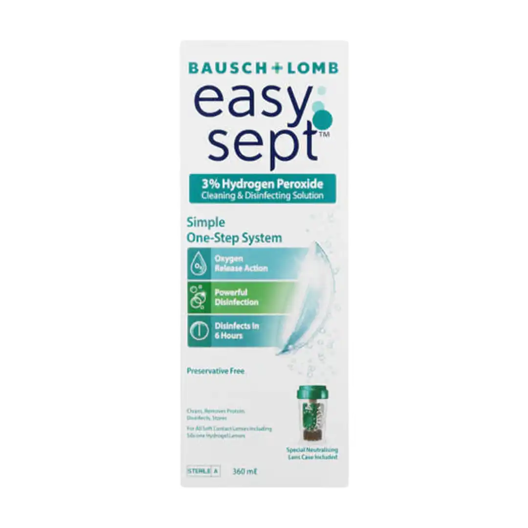 Front of Bausch + Lomb Easy Sept 3% Hydrogen Peroxide Cleaning & Disinfecting Solution 360 ml box