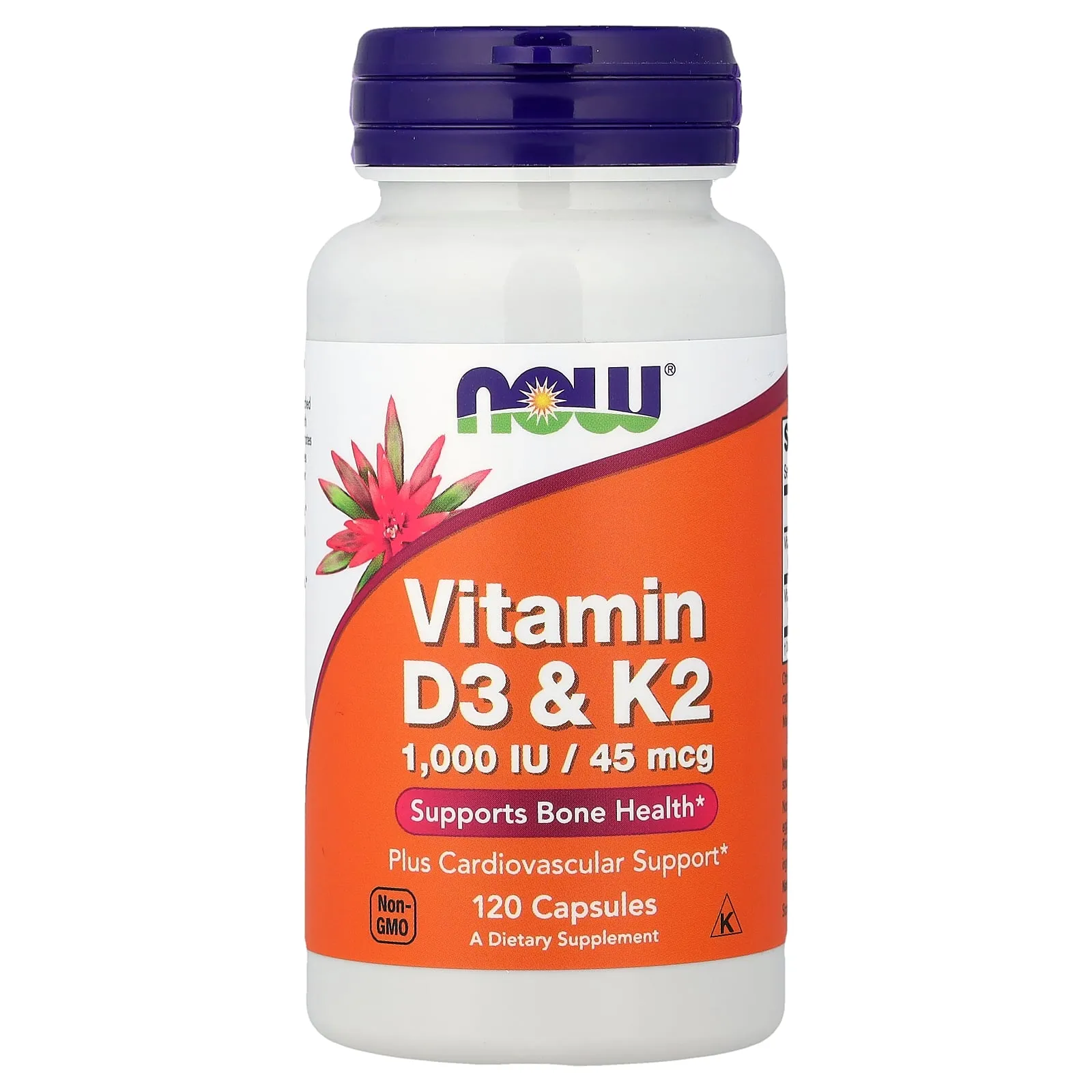 Front of NOW Foods Vitamin D3 & K2 1,000 IU/45 mcg, 120 Capsules bottle