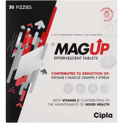 Front of Magup Effervescent Tablets 30 fizzies box, strawberry flavour