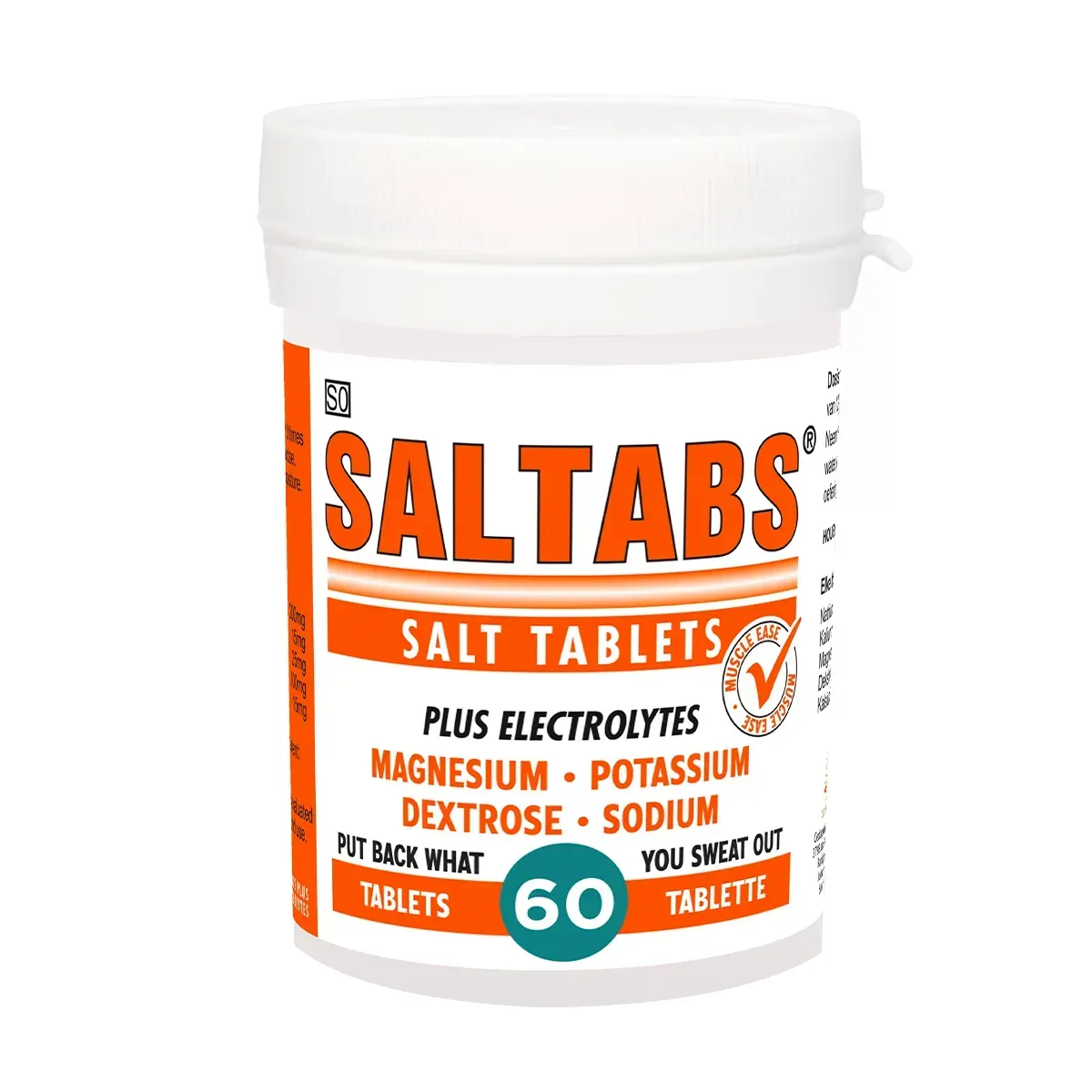 Front of Saltabs Day Salt Tablets plus Electrolytes, 60 tablets tub - Crux Pharmaceuticals