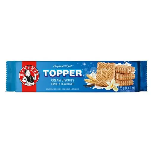 Front view of Bakers Topper Vanilla Flavoured Cream Biscuits 125 g pack