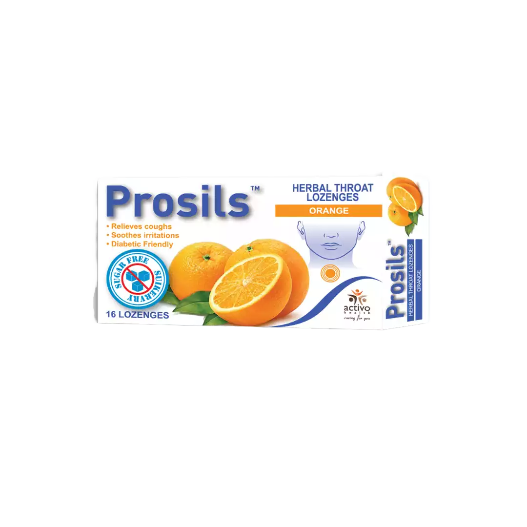 Angled front/side view of Activo Health Prosils Orange Herbal Throat Lozenges, 16 lozenges box