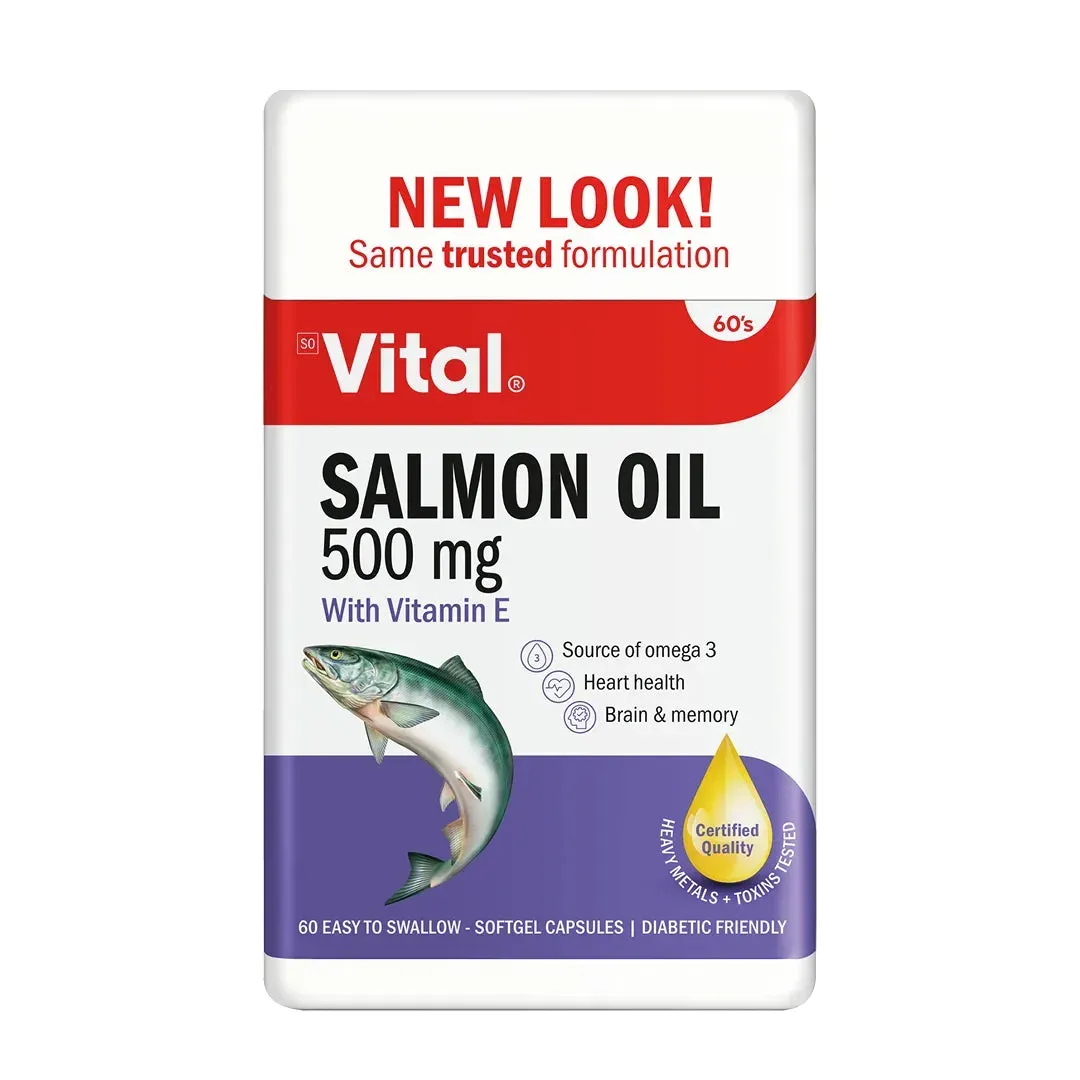 Front of Vital Pure Salmon Oil 500 mg 60 capsules bottle on white background