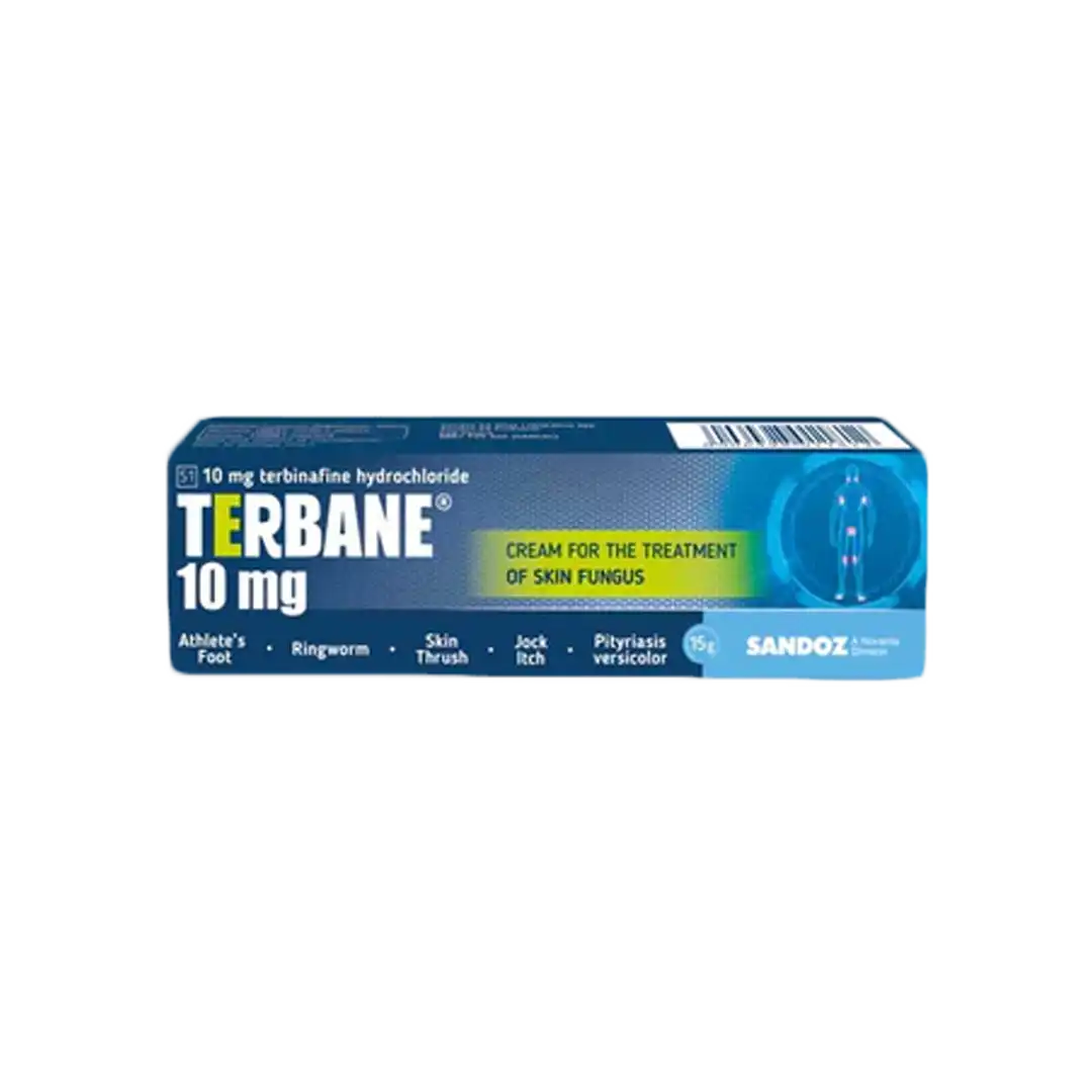 Front of Sandoz Terbane 10 mg terbinafine cream 15 g box