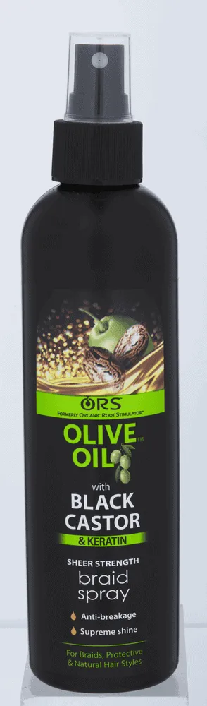 Front of ORS Olive Oil with Black Castor & Keratin Sheer Strength Braid Spray 250 ml bottle on white background