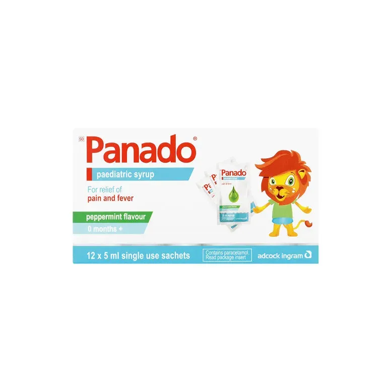 Front of Panado Paediatric Syrup Peppermint Flavour, 12 x 5 ml sachets box