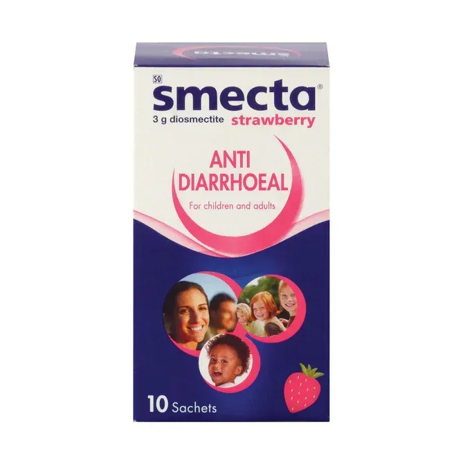 Front of Smecta Diarrhoea Strawberry 10 Sachets box
