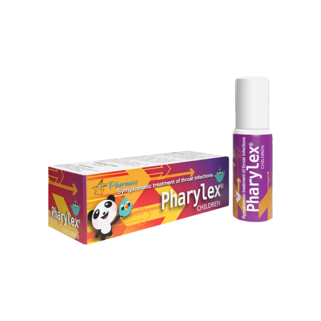 Pharylex Children Throat Spray 20 ml box with spray bottle on white background