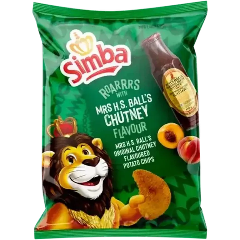 Front of Simba Mrs H.S. Ball's Chutney flavoured potato chips bag