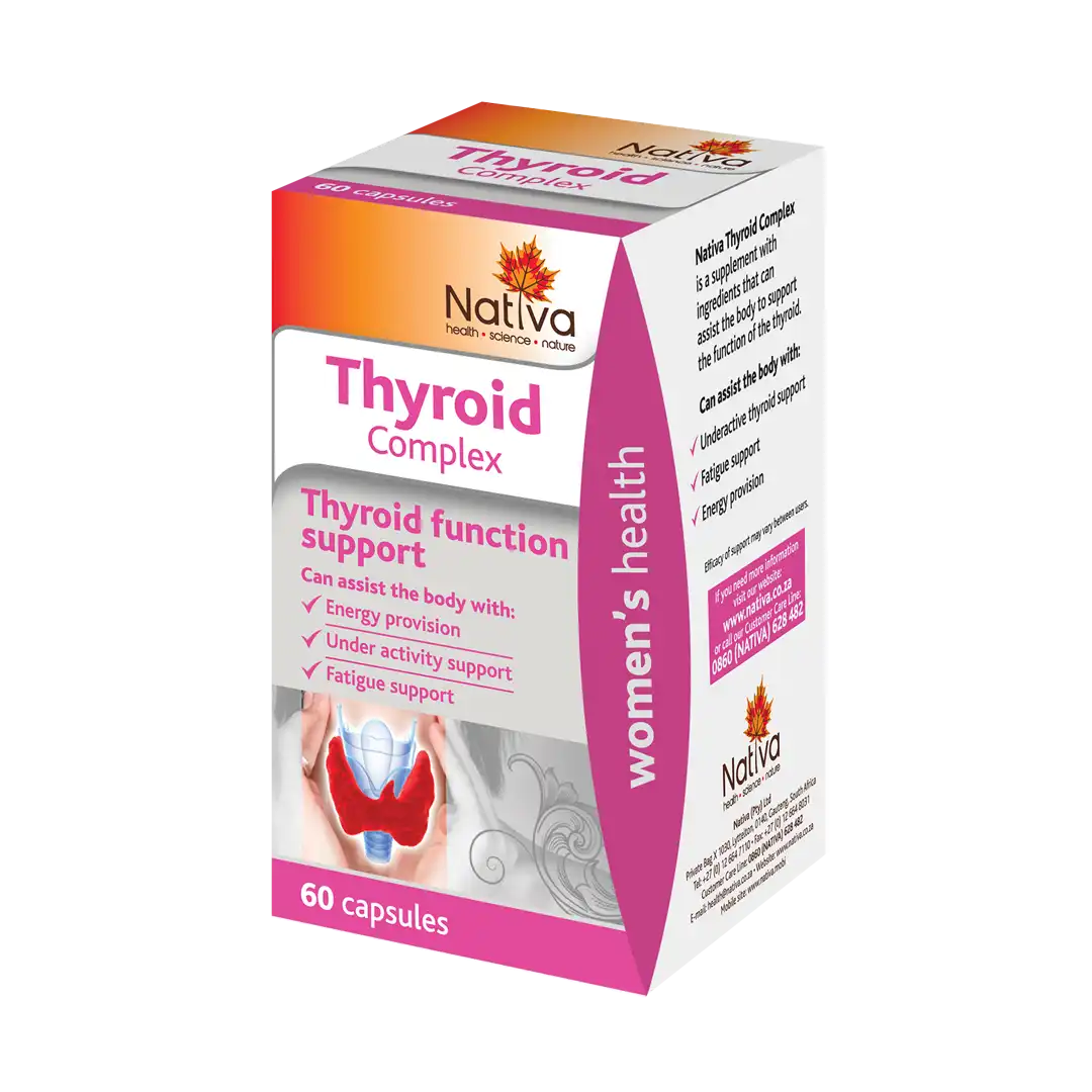 Angled view of Nativa Thyroid Complex 60 capsules box showing front and side panels