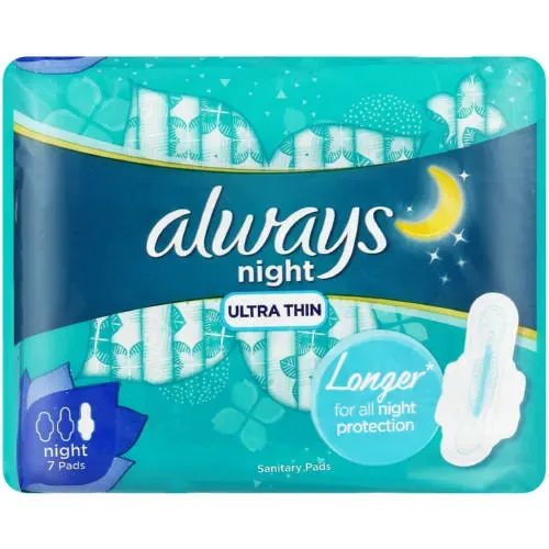 Front of Always Ultra Night Thin Sanitary Pads 7 pack