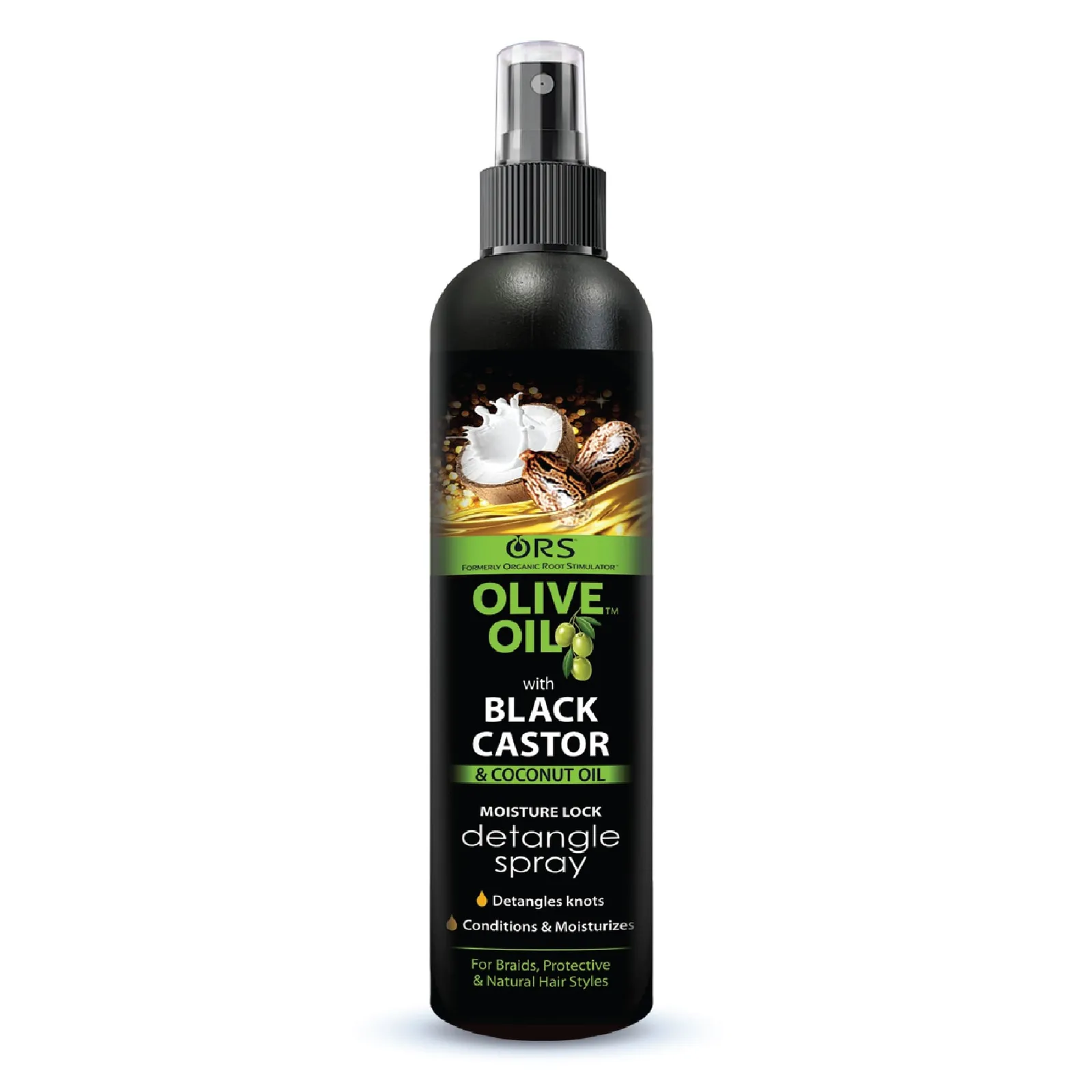 Front of ORS Olive Oil Black Castor & Coconut Oil Moisture Lock Detangle Spray 250ml bottle