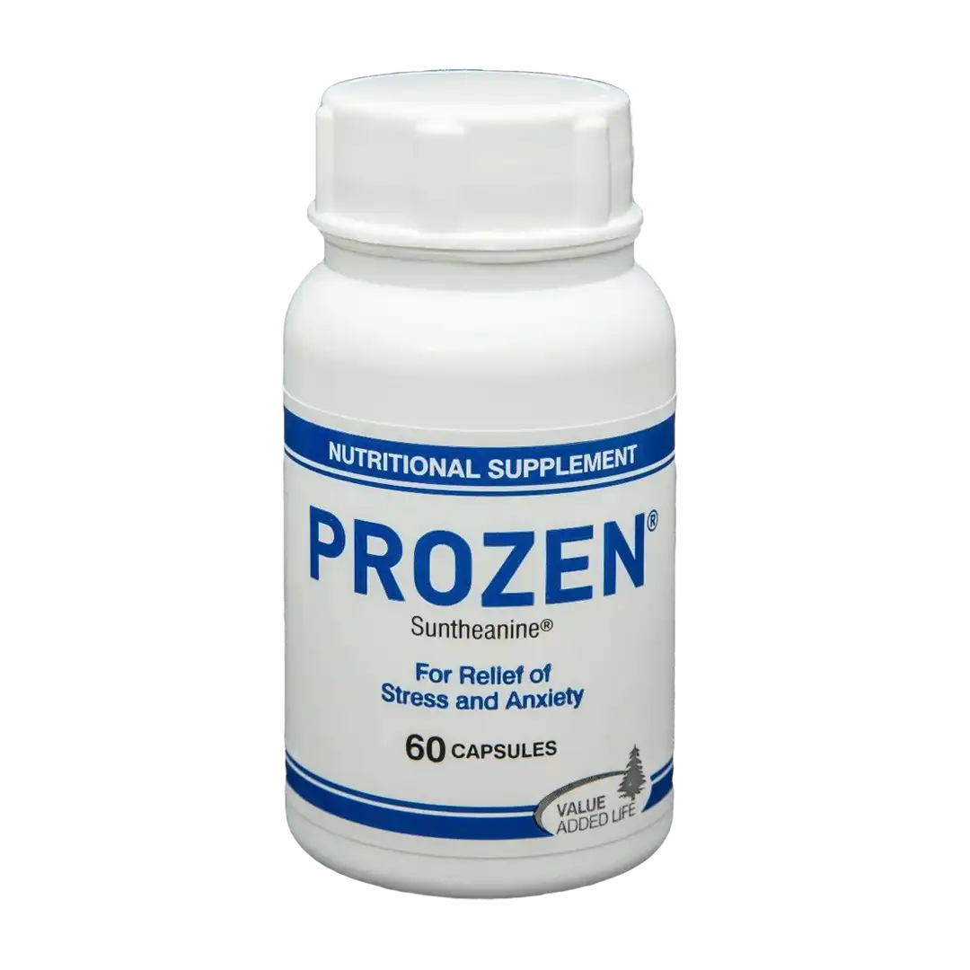 Front of Prozen 100mg Suntheanine nutritional supplement bottle, 60 capsules