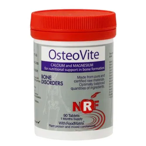 Front of NRF OsteoVite Calcium and Magnesium tablets, 90's tub