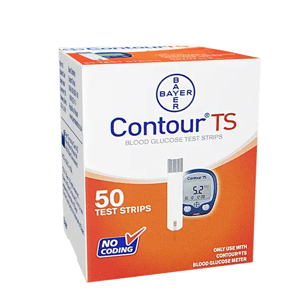 Angled view of Bayer Contour TS Blood Glucose Test Strips box, 50 test strips