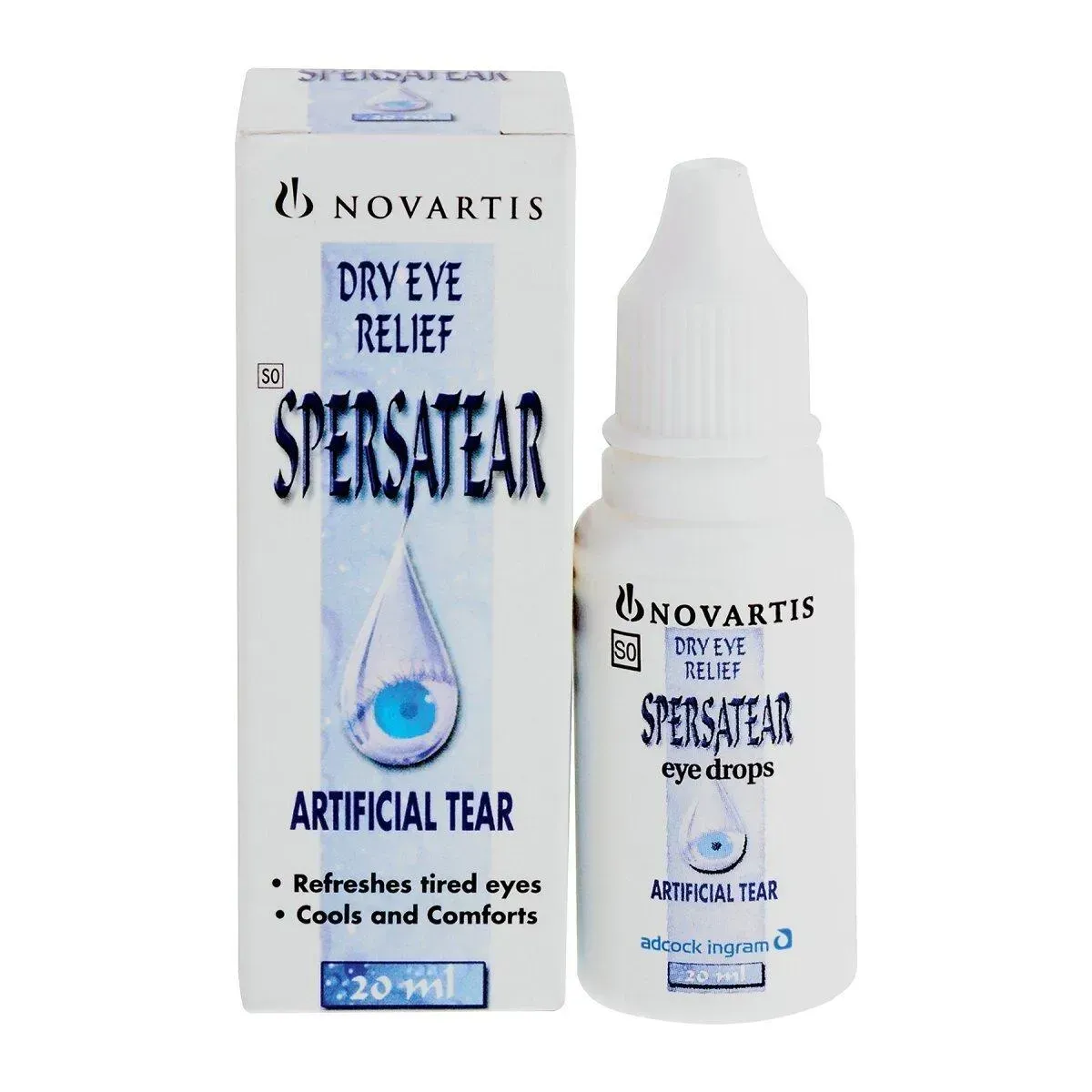 Front of Spersatear Eye Drops box and bottle 20 ml, Adcock Ingram