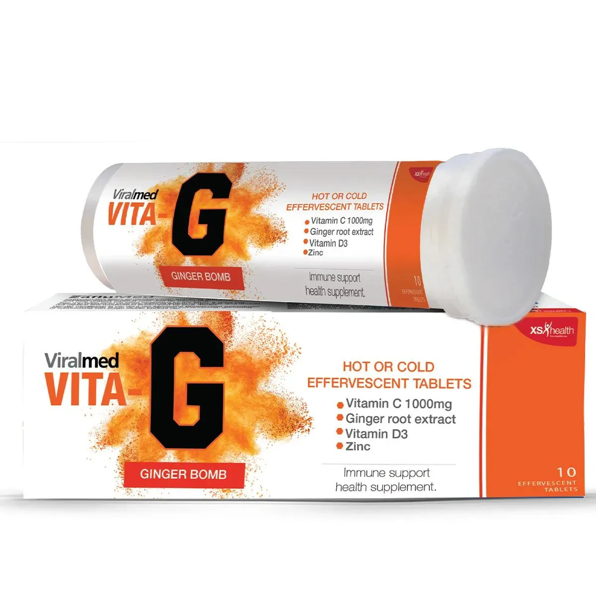 Front angled view of Viralmed Vita-G Ginger Bomb Effervescent Tablets box and tube, 10 tablets