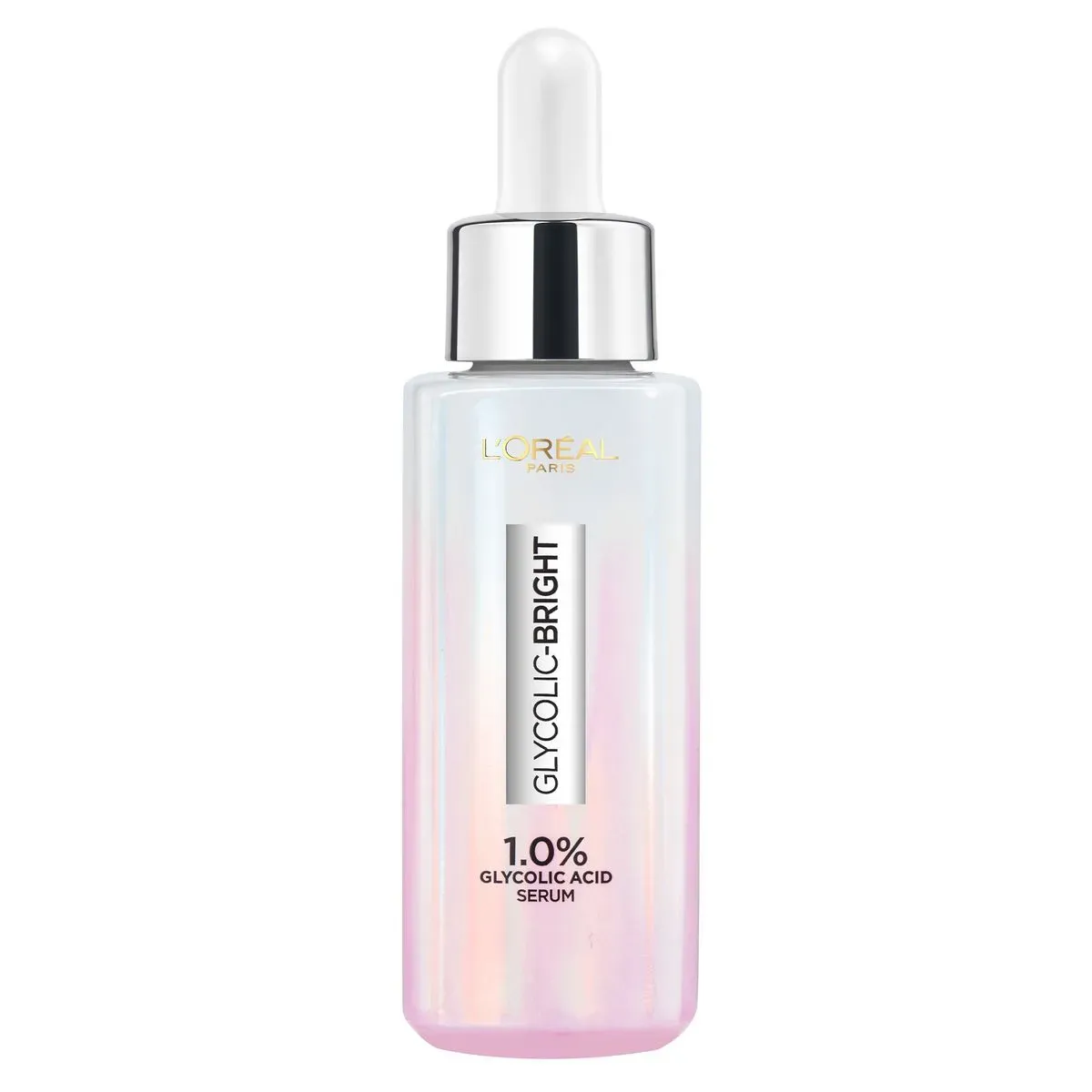 Front of L'Oréal Paris Glycolic Bright 1.0% Glycolic Acid Serum 30 ml dropper bottle on white background