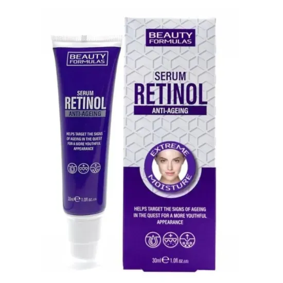 Front of Beauty Formulas Retinol Anti-Ageing Serum tube and box, 30 ml