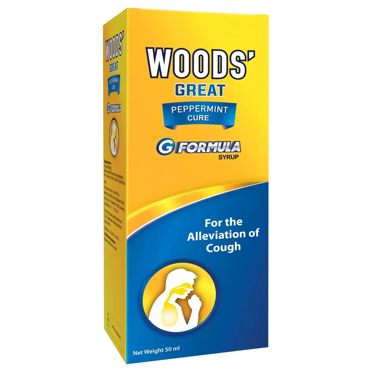 Angled front of Woods' Great Peppermint Cure G Formula Syrup 50 ml box on white background
