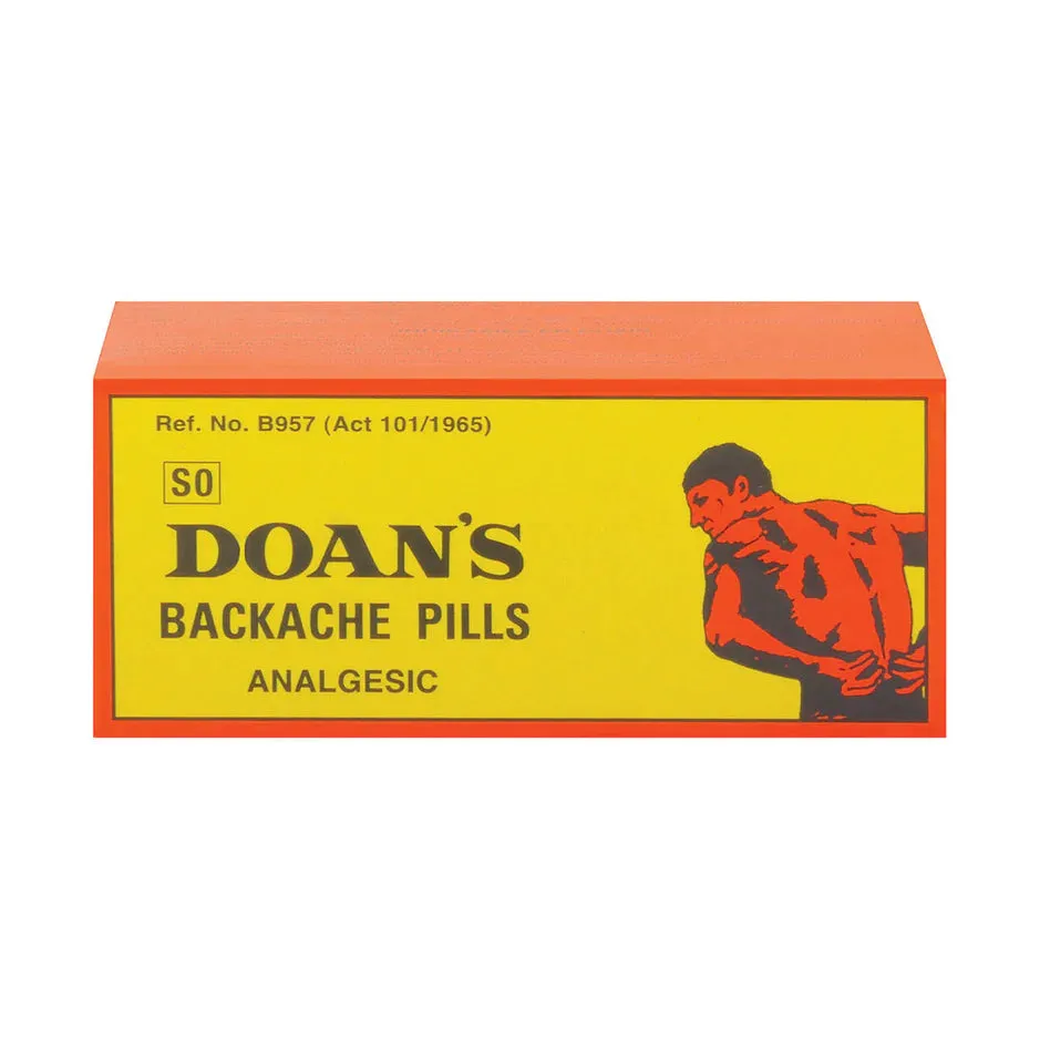 Front of Doan's Backache Pills box, Analgesic, 100 pills