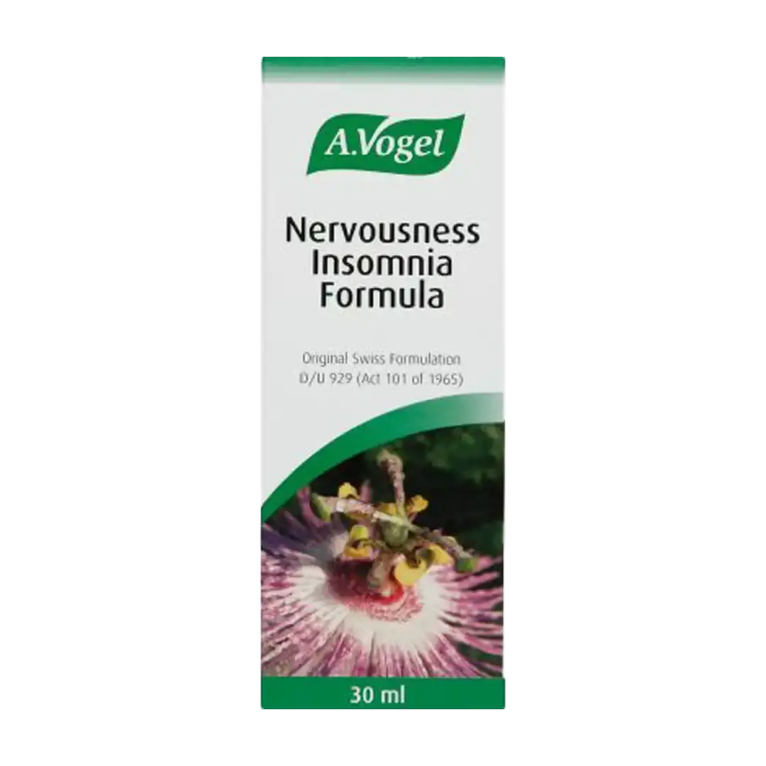 Front of A.Vogel Nervousness Insomnia Formula 30 ml box, clean studio shot