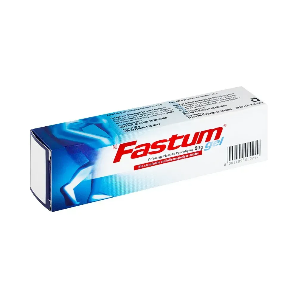 Angled view of Fastum Gel 50g tube box
