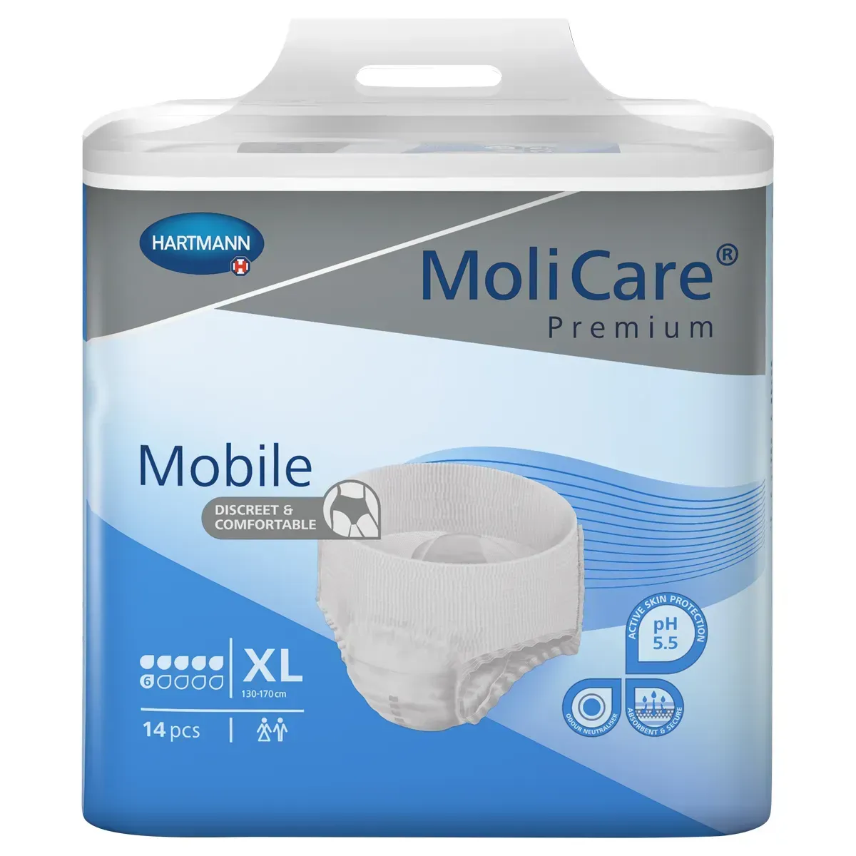 Front of MoliCare Mobile Premium XL 6 drops incontinence pants, 14 pack